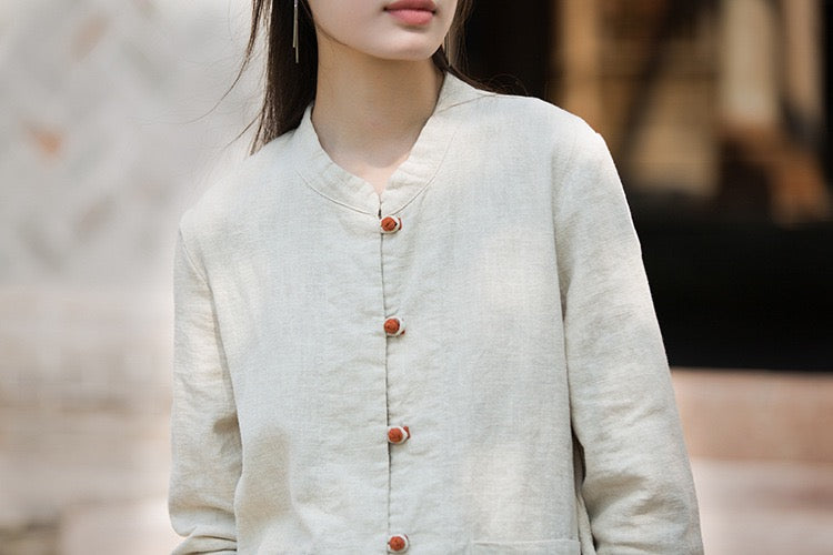 Tao One Tech™ • Zen Elegance Tea Contrast Jacket • Cardigan • Tang Suit • 5 Contrast Buttons • Ramie Cotton