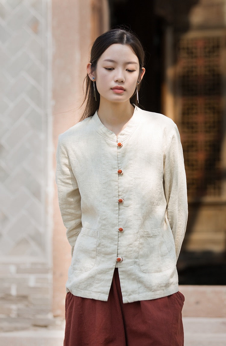 Tao One Tech™ • Zen Elegance Tea Contrast Jacket • Cardigan • Tang Suit • 5 Contrast Buttons • Ramie Cotton