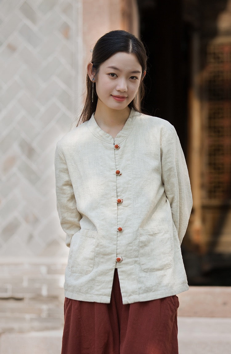 Tao One Tech™ • Zen Elegance Tea Contrast Jacket • Cardigan • Tang Suit • 5 Contrast Buttons • Ramie Cotton