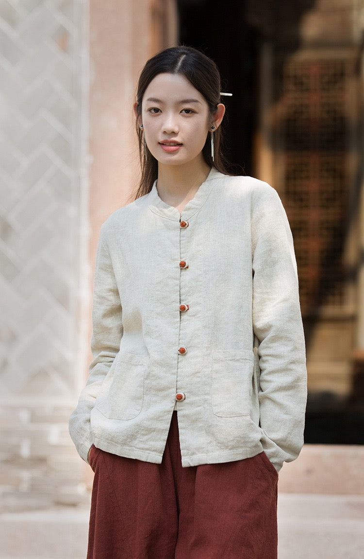 Tao One Tech™ • Zen Elegance Tea Contrast Jacket • Cardigan • Tang Suit • 5 Contrast Buttons • Ramie Cotton