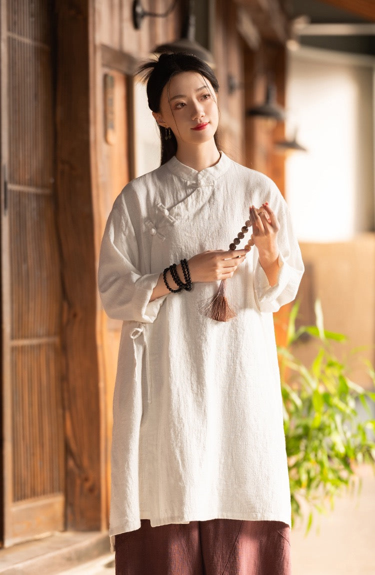 Tao One Tech™ • Zen Cheongsam Robe Kimono • 3 Buttons • Lace Up Cardigan • Ramie Bamboo Cotton • Gender Neutral