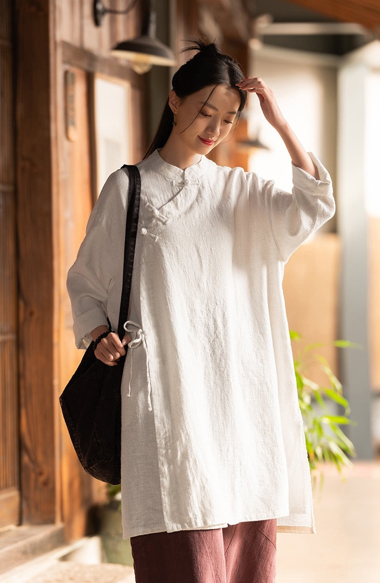 Tao One Tech™ • Zen Cheongsam Robe Kimono • 3 Buttons • Lace Up Cardigan • Ramie Bamboo Cotton • Gender Neutral