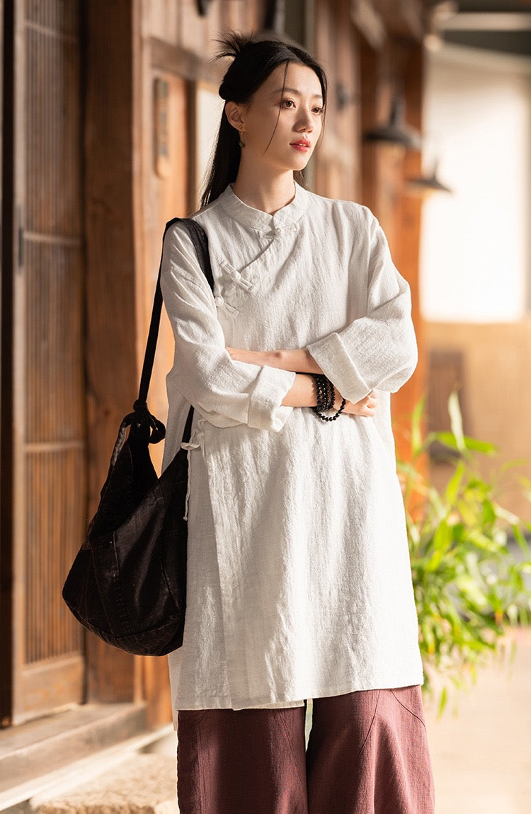 Tao One Tech™ • Zen Cheongsam Robe Kimono • 3 Buttons • Lace Up Cardigan • Ramie Bamboo Cotton • Gender Neutral