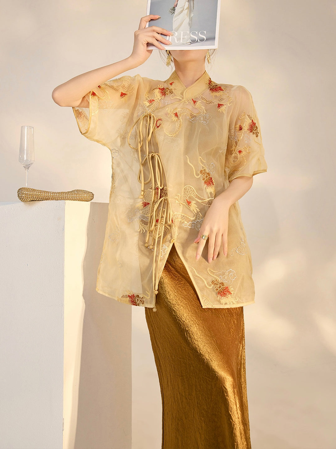 Tao One Tech™ • Champagne Dragon Shirt and Cardigan • 2-in-1 • Mulberry Silk • Flowy