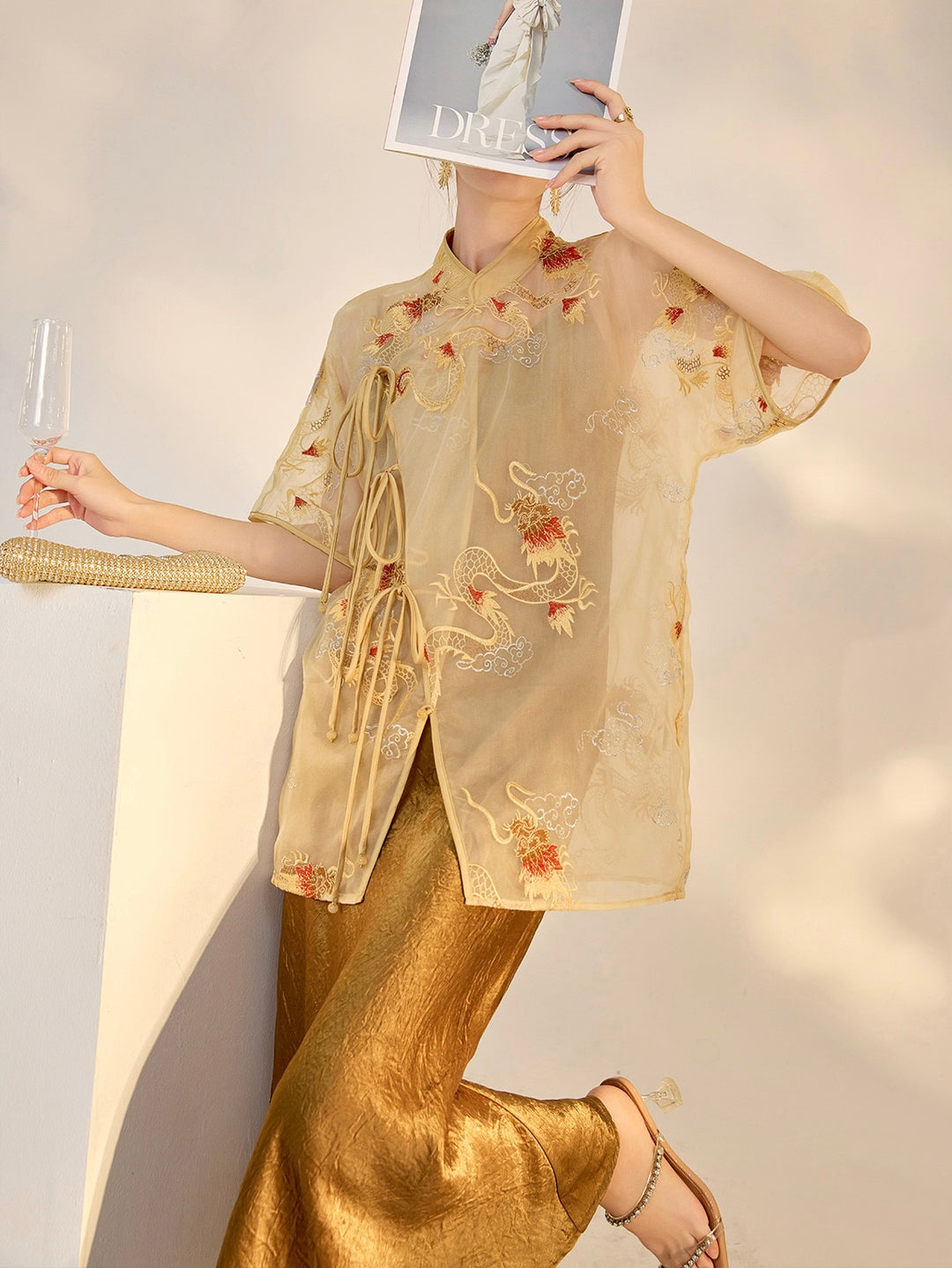 Tao One Tech™ • Champagne Dragon Shirt and Cardigan • 2-in-1 • Mulberry Silk • Flowy