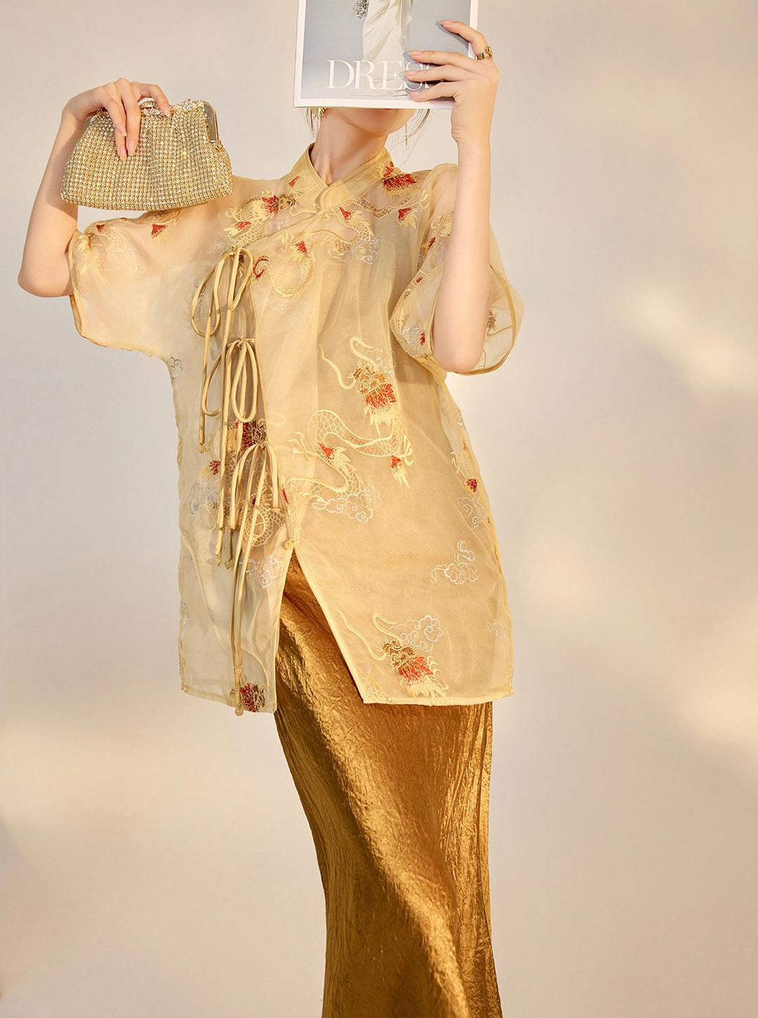 Tao One Tech™ • Champagne Dragon Shirt and Cardigan • 2-in-1 • Mulberry Silk • Flowy