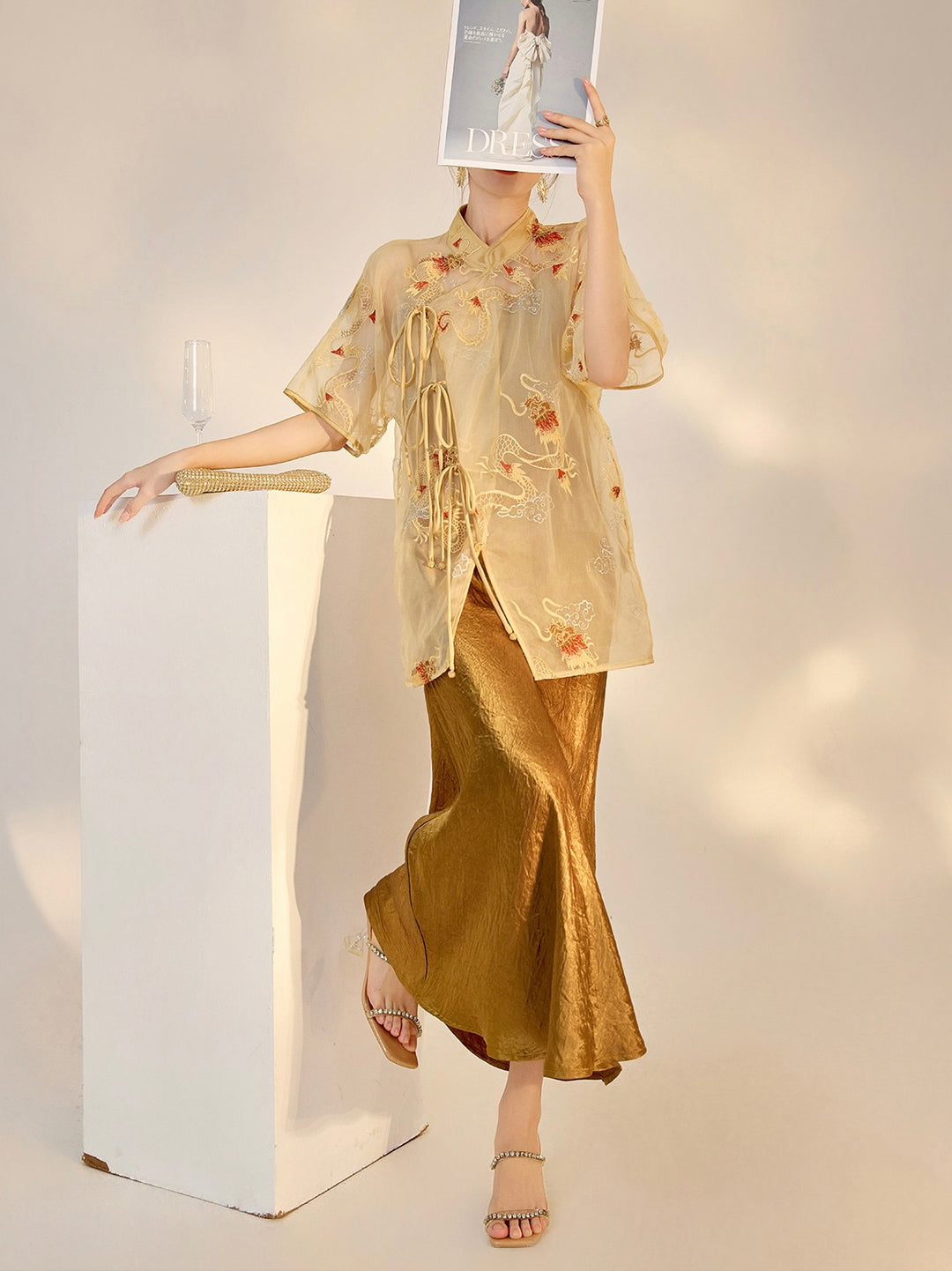 Tao One Tech™ • Champagne Dragon Shirt and Cardigan • 2-in-1 • Mulberry Silk • Flowy