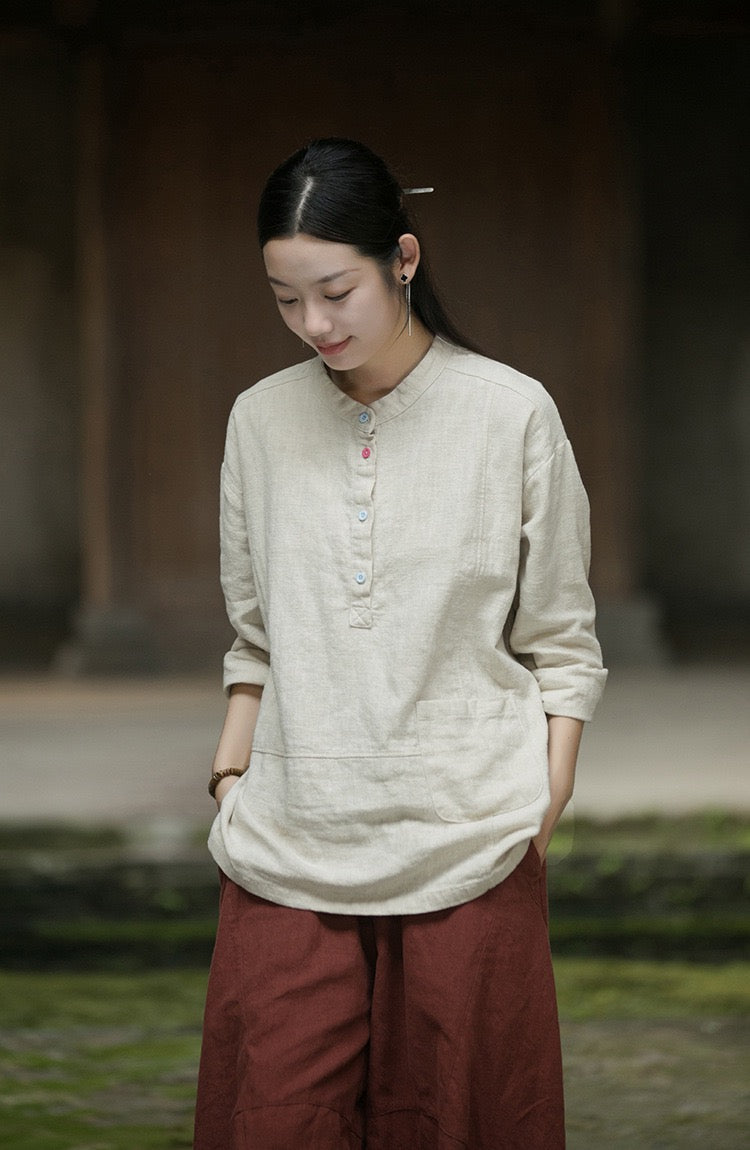 Tao One Tech™ • Zen Pullover Tea Shirt • Half Button Up • Long-Sleeves • Tech Pocket • Ramie Cotton