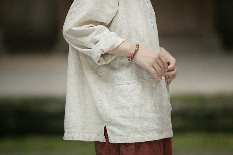 Tao One Tech™ • Zen Pullover Tea Shirt • Half Button Up • Long-Sleeves • Tech Pocket • Ramie Cotton