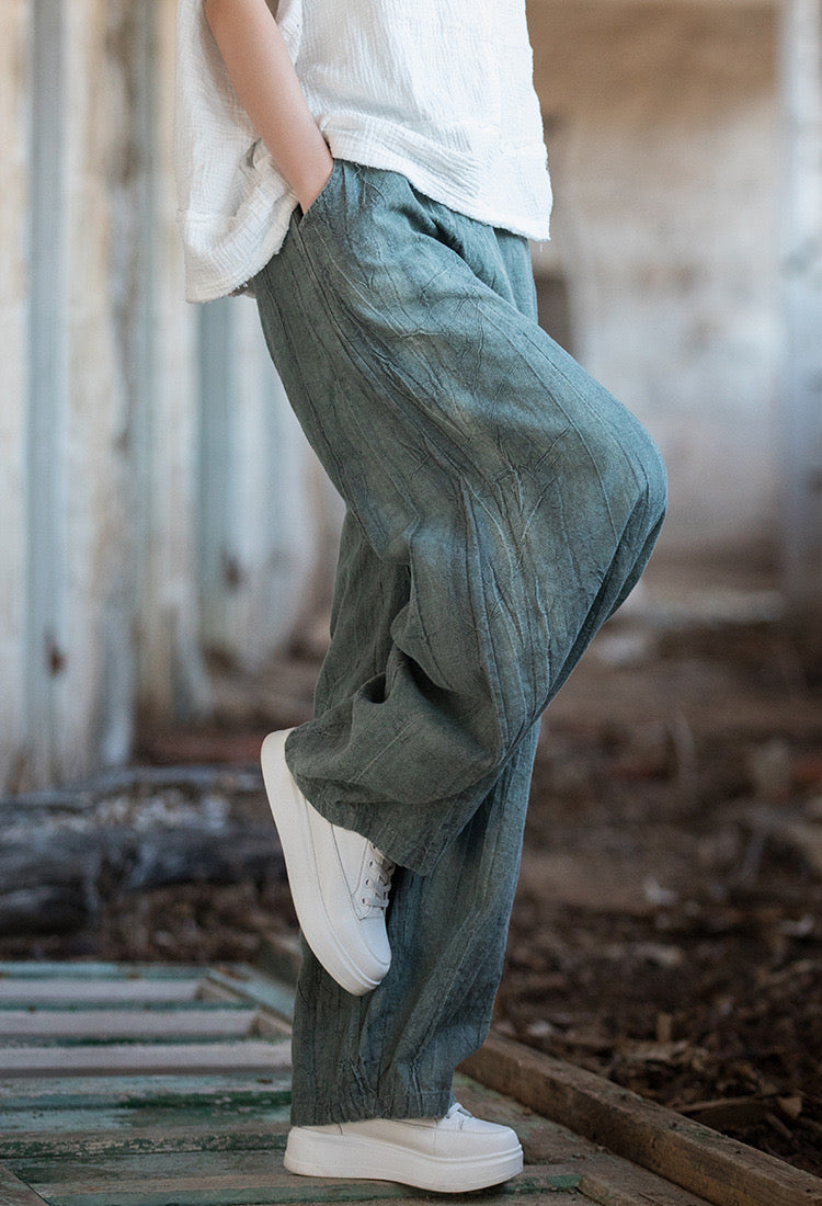 The Dao 道 of Zen Art Flow Pants • Straight Leg Pants • Tie Dye Folds • Linen Ramie Sunscreen Layer • Thick, Breathable, Durable