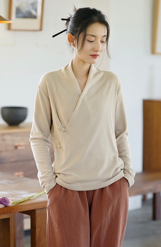 Tao One Tech™ • Zen Elegance Thermal Knit Sweater • V-Neck • Kimono Wrap • Breathable Cozy Warmth • 3 Buttons • Vertical Striped Velvet • Vegan Cashmere • Sizes M-XXL