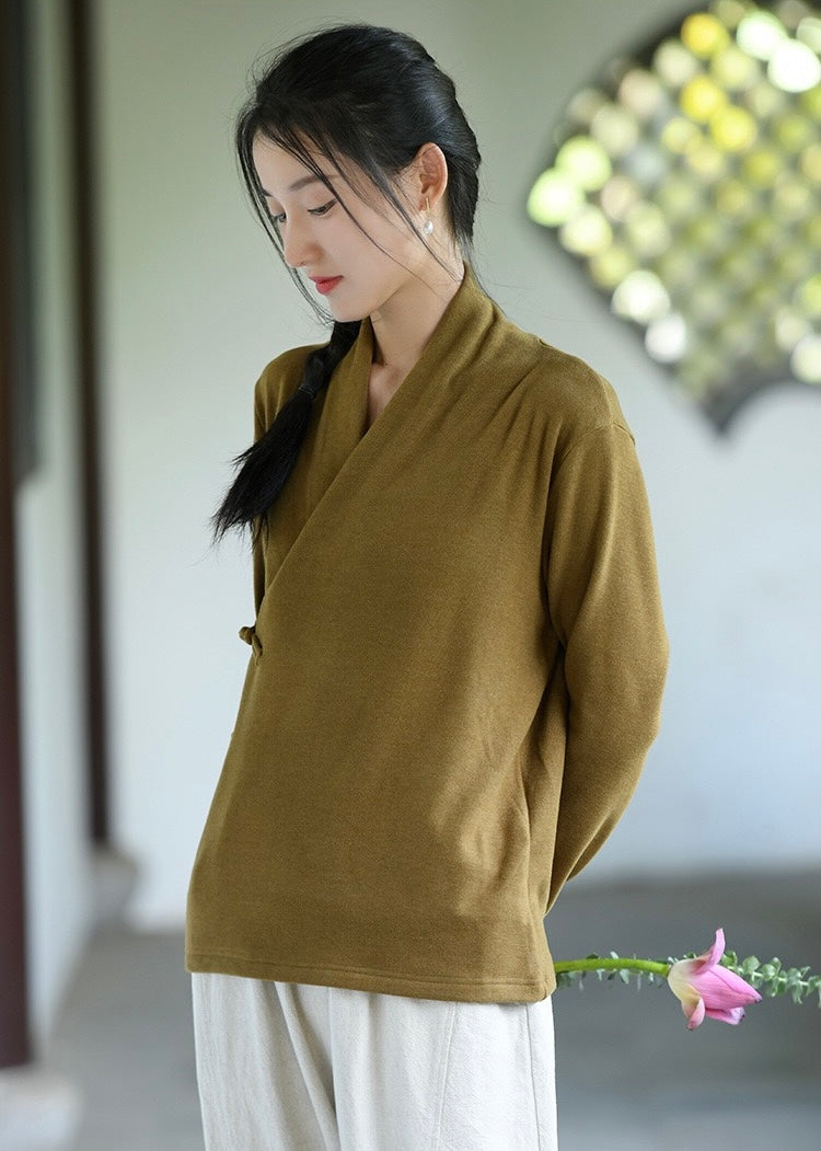 Tao One Tech™ • Zen Elegance Thermal Knit Sweater • V-Neck • Kimono Wrap • Breathable Cozy Warmth • 3 Buttons • Vertical Striped Velvet • Vegan Cashmere • Sizes M-XXL