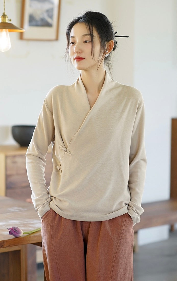 Tao One Tech™ • Zen Elegance Thermal Knit Sweater • V-Neck • Kimono Wrap • Breathable Cozy Warmth • 3 Buttons • Vertical Striped Velvet • Vegan Cashmere • Sizes M-XXL