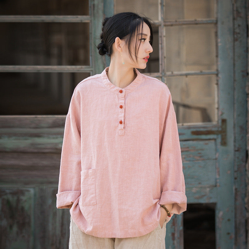 Tao One Tech™ • Zen Long Sleeve Shirt • 3 Contrast Buttons • Ramie Cotton