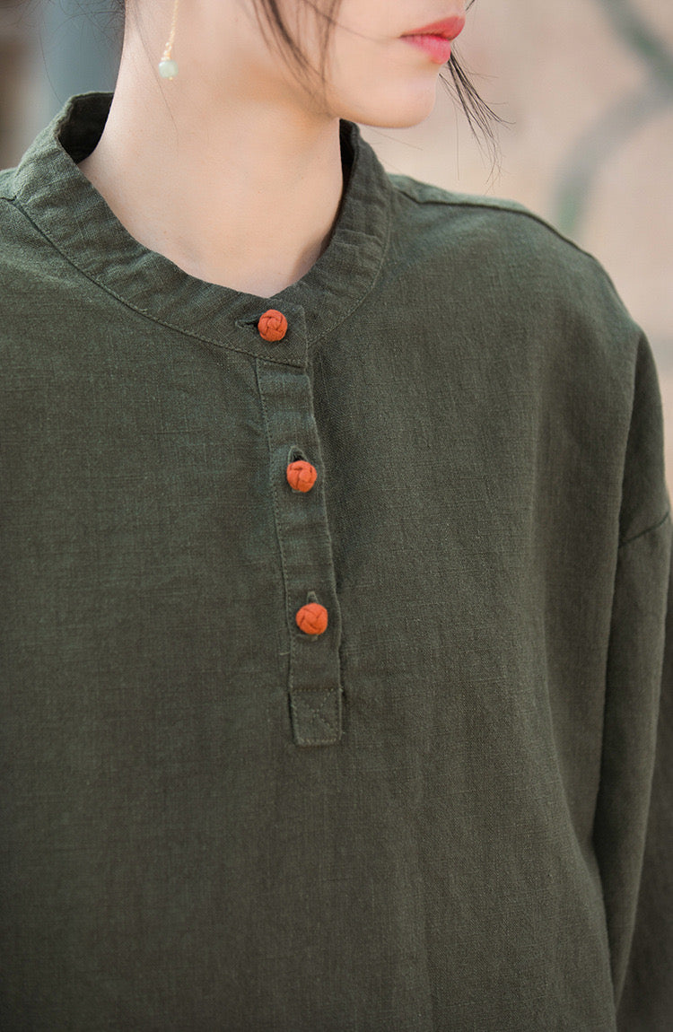 Tao One Tech™ • Zen Long Sleeve Shirt • 3 Contrast Buttons • Ramie Cotton