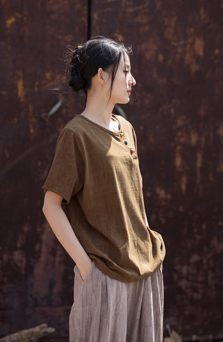 Tao One Tech™ • Zen T-Shirt • 3 Buttons • Cotton Linen