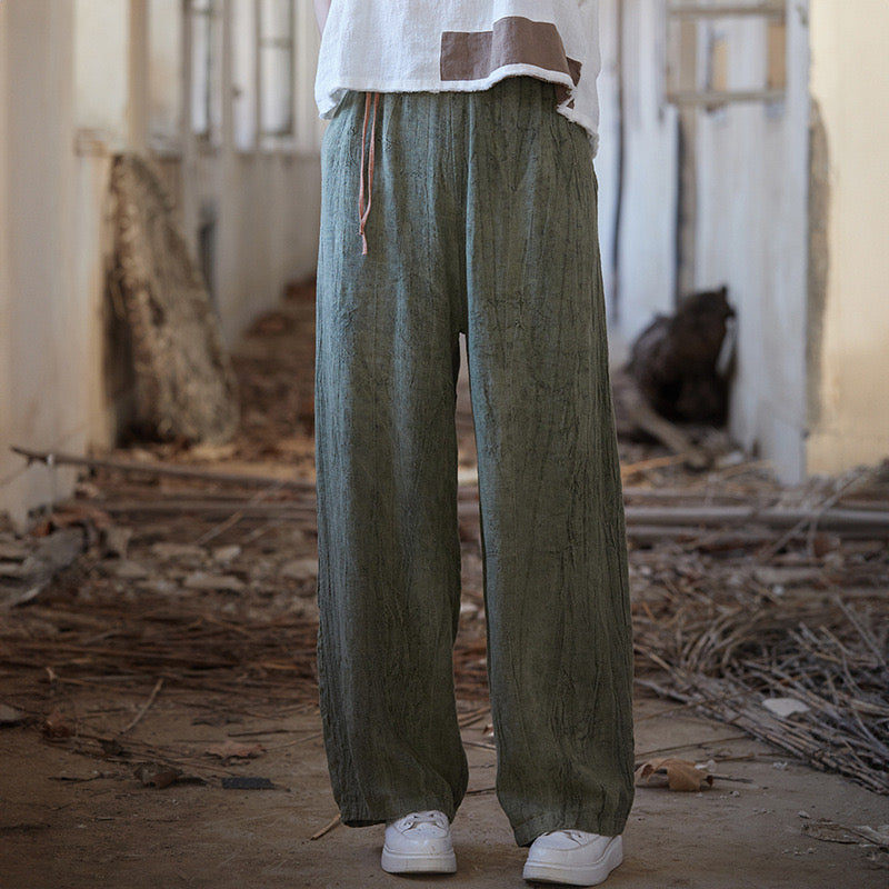 Tao One Tech™ • Zen Art Pants • Straight Leg • Tie Dye Folds • Flowing Side Waist Rope • Linen Cotton