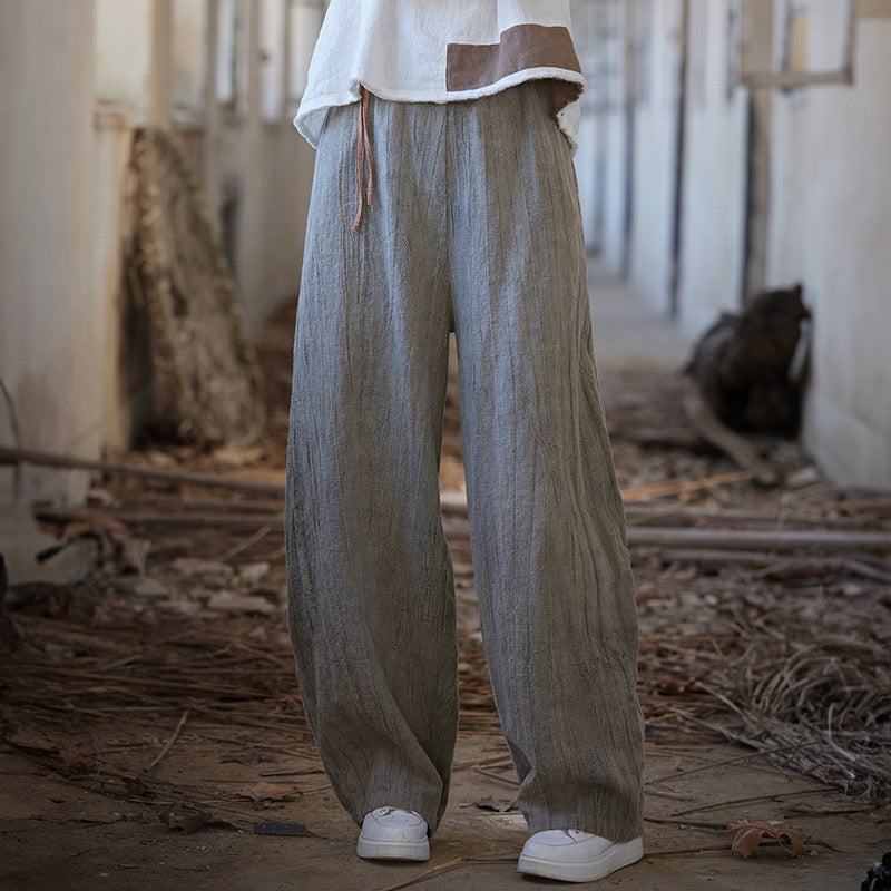 Tao One Tech™ • Zen Art Pants • Straight Leg • Tie Dye Folds • Flowing Side Waist Rope • Linen Cotton