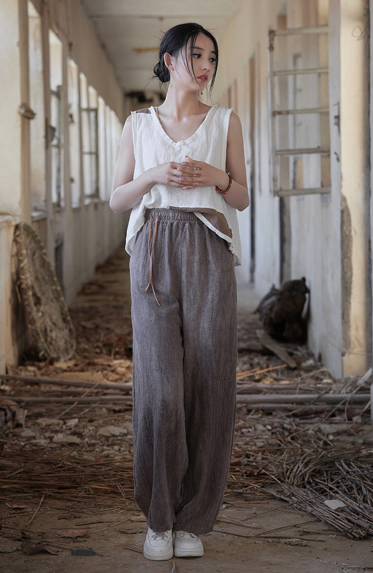 Tao One Tech™ • Zen Art Pants • Straight Leg • Tie Dye Folds • Flowing Side Waist Rope • Linen Cotton