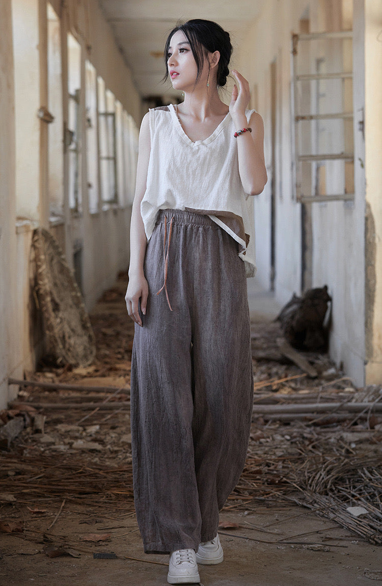 Tao One Tech™ • Zen Art Pants • Straight Leg • Tie Dye Folds • Flowing Side Waist Rope • Linen Cotton