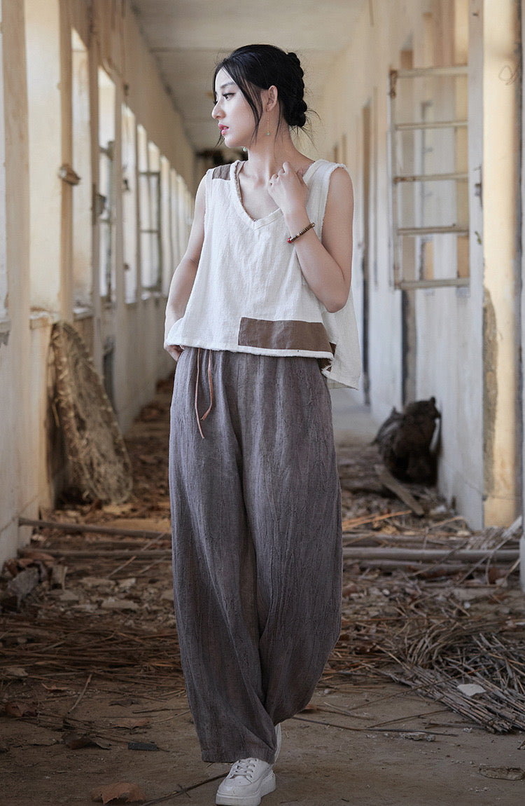 Tao One Tech™ • Zen Art Pants • Straight Leg • Tie Dye Folds • Flowing Side Waist Rope • Linen Cotton