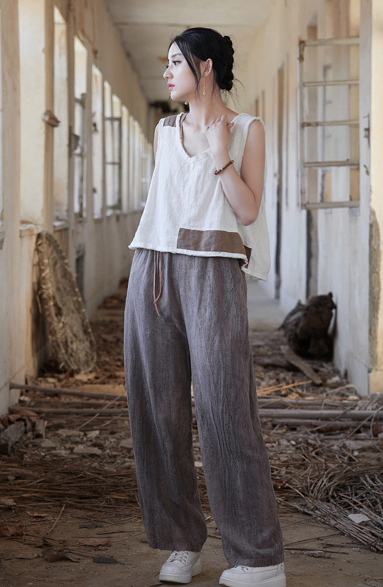 Tao One Tech™ • Zen Art Pants • Straight Leg • Tie Dye Folds • Flowing Side Waist Rope • Linen Cotton