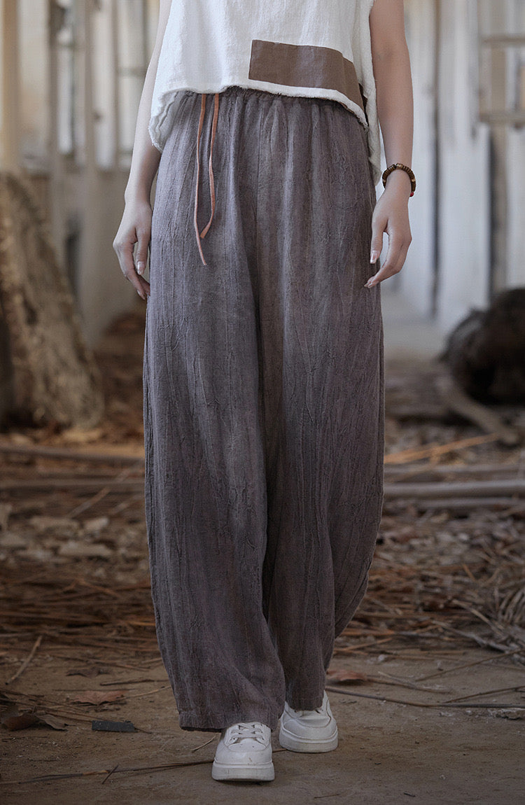 Tao One Tech™ • Zen Art Pants • Straight Leg • Tie Dye Folds • Flowing Side Waist Rope • Linen Cotton