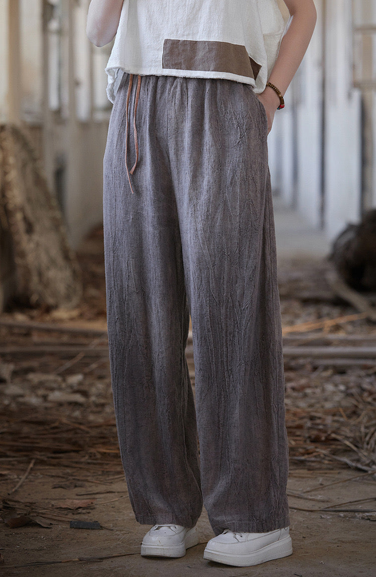 Tao One Tech™ • Zen Art Pants • Straight Leg • Tie Dye Folds • Flowing Side Waist Rope • Linen Cotton