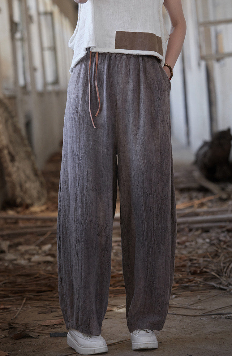 Tao One Tech™ • Zen Art Pants • Straight Leg • Tie Dye Folds • Flowing Side Waist Rope • Linen Cotton