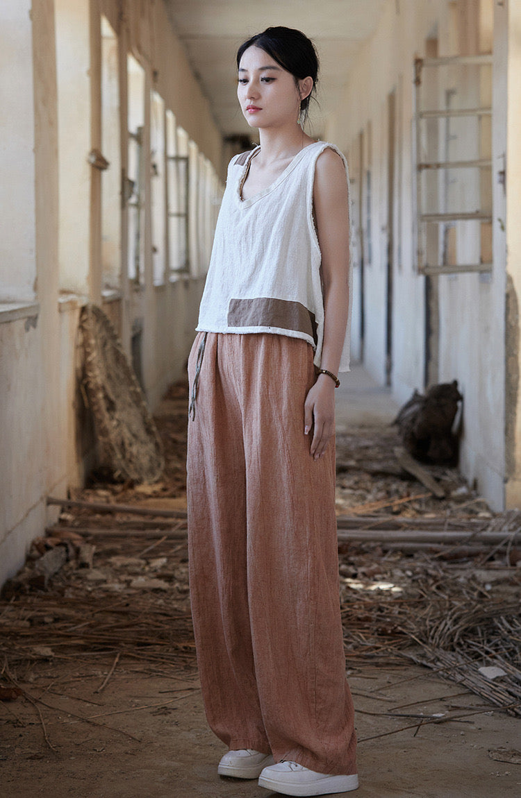 Tao One Tech™ • Zen Art Pants • Straight Leg • Tie Dye Folds • Flowing Side Waist Rope • Linen Cotton