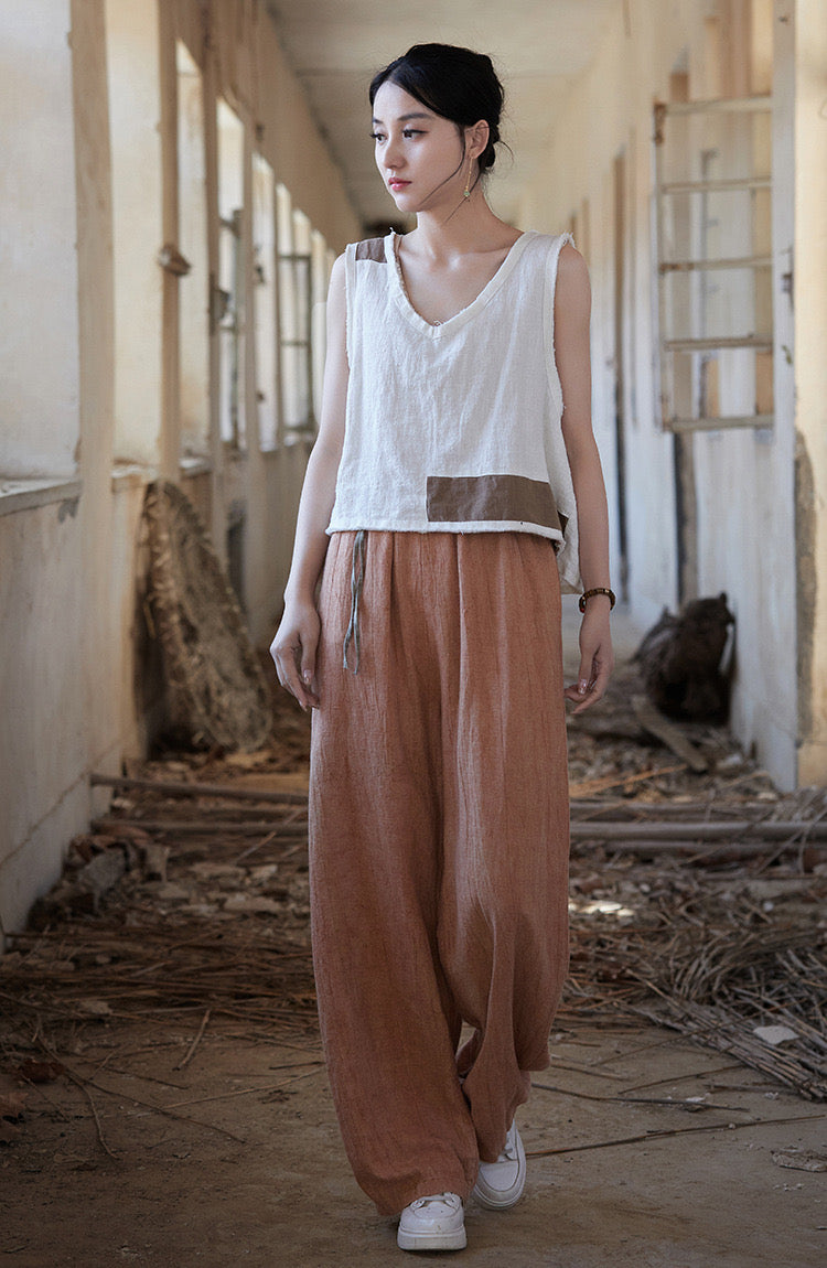 Tao One Tech™ • Zen Art Pants • Straight Leg • Tie Dye Folds • Flowing Side Waist Rope • Linen Cotton