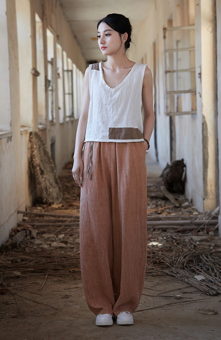 Tao One Tech™ • Zen Art Pants • Straight Leg • Tie Dye Folds • Flowing Side Waist Rope • Linen Cotton