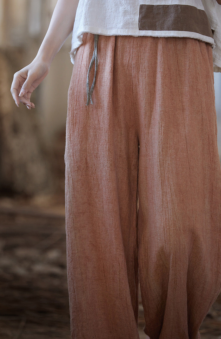 Tao One Tech™ • Zen Art Pants • Straight Leg • Tie Dye Folds • Flowing Side Waist Rope • Linen Cotton