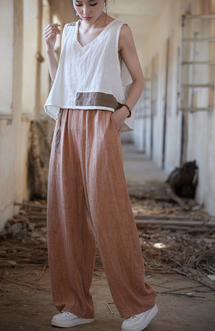 Tao One Tech™ • Zen Art Pants • Straight Leg • Tie Dye Folds • Flowing Side Waist Rope • Linen Cotton