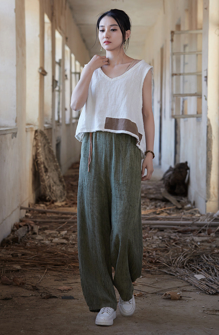 Tao One Tech™ • Zen Art Pants • Straight Leg • Tie Dye Folds • Flowing Side Waist Rope • Linen Cotton