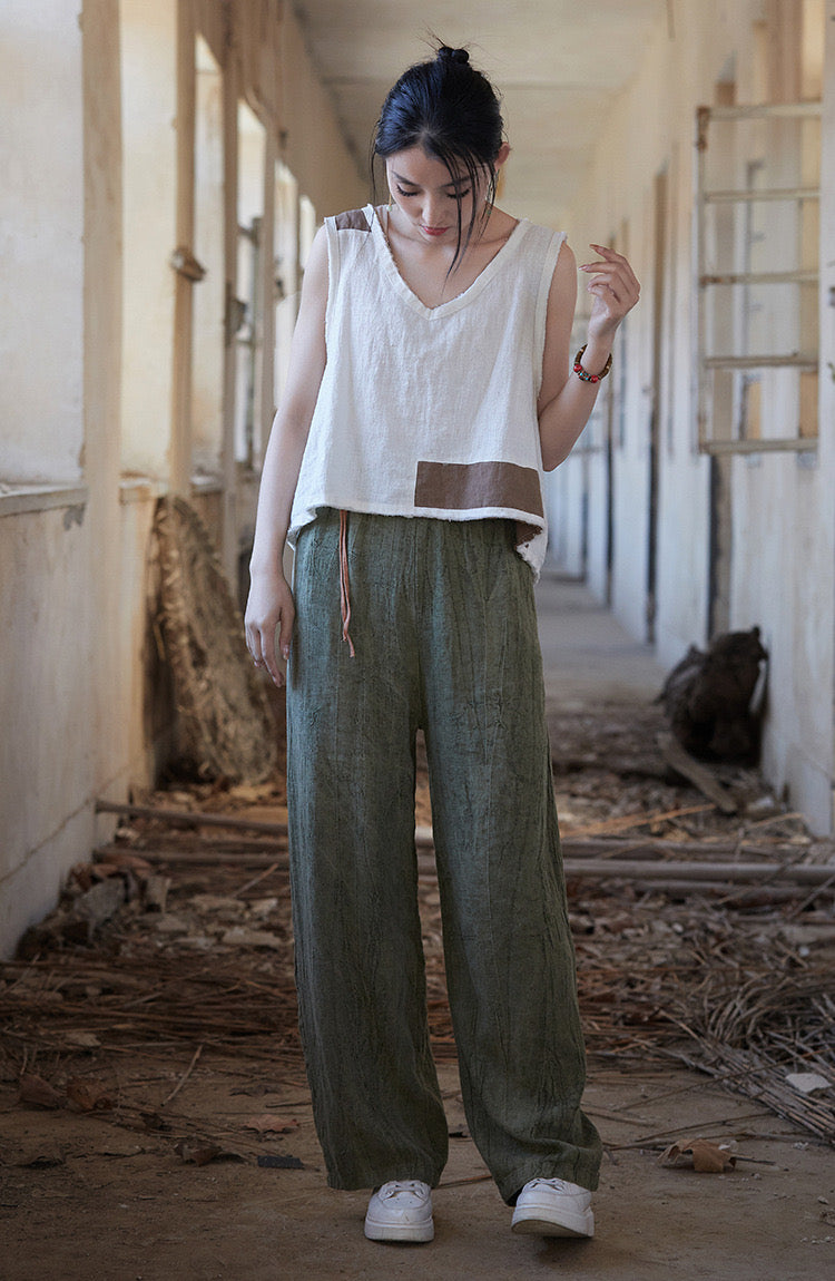 Tao One Tech™ • Zen Art Pants • Straight Leg • Tie Dye Folds • Flowing Side Waist Rope • Linen Cotton