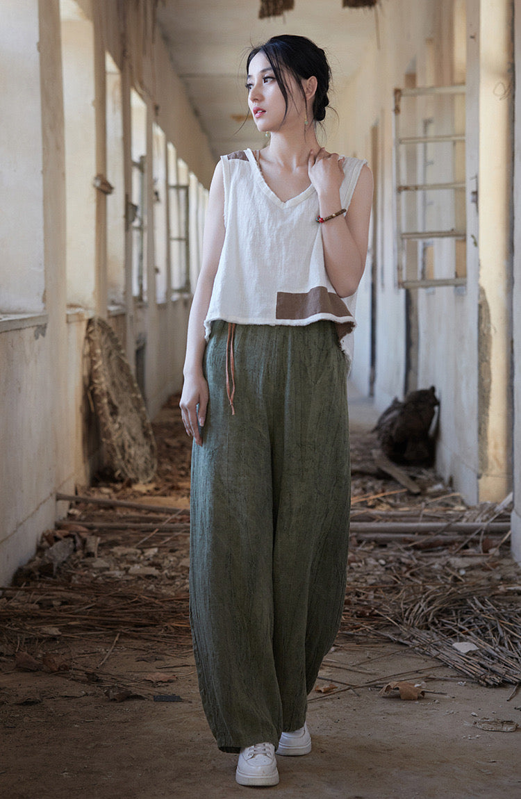 Tao One Tech™ • Zen Art Pants • Straight Leg • Tie Dye Folds • Flowing Side Waist Rope • Linen Cotton