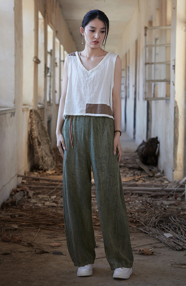 Tao One Tech™ • Zen Art Pants • Straight Leg • Tie Dye Folds • Flowing Side Waist Rope • Linen Cotton