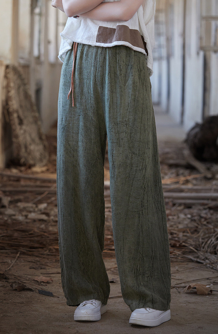 Tao One Tech™ • Zen Art Pants • Straight Leg • Tie Dye Folds • Flowing Side Waist Rope • Linen Cotton