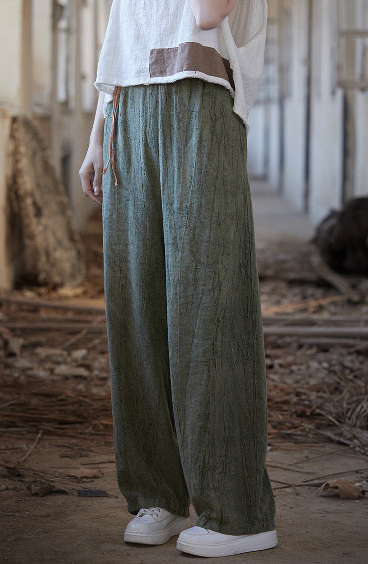 Tao One Tech™ • Zen Art Pants • Straight Leg • Tie Dye Folds • Flowing Side Waist Rope • Linen Cotton