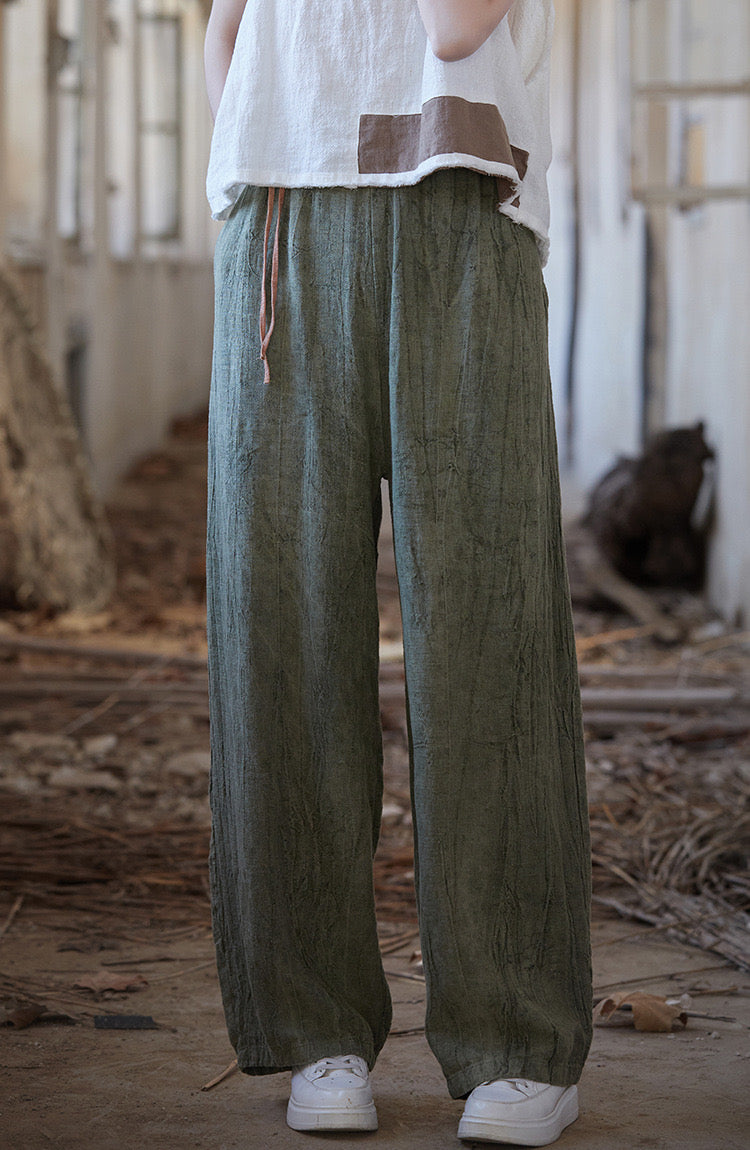 Tao One Tech™ • Zen Art Pants • Straight Leg • Tie Dye Folds • Flowing Side Waist Rope • Linen Cotton