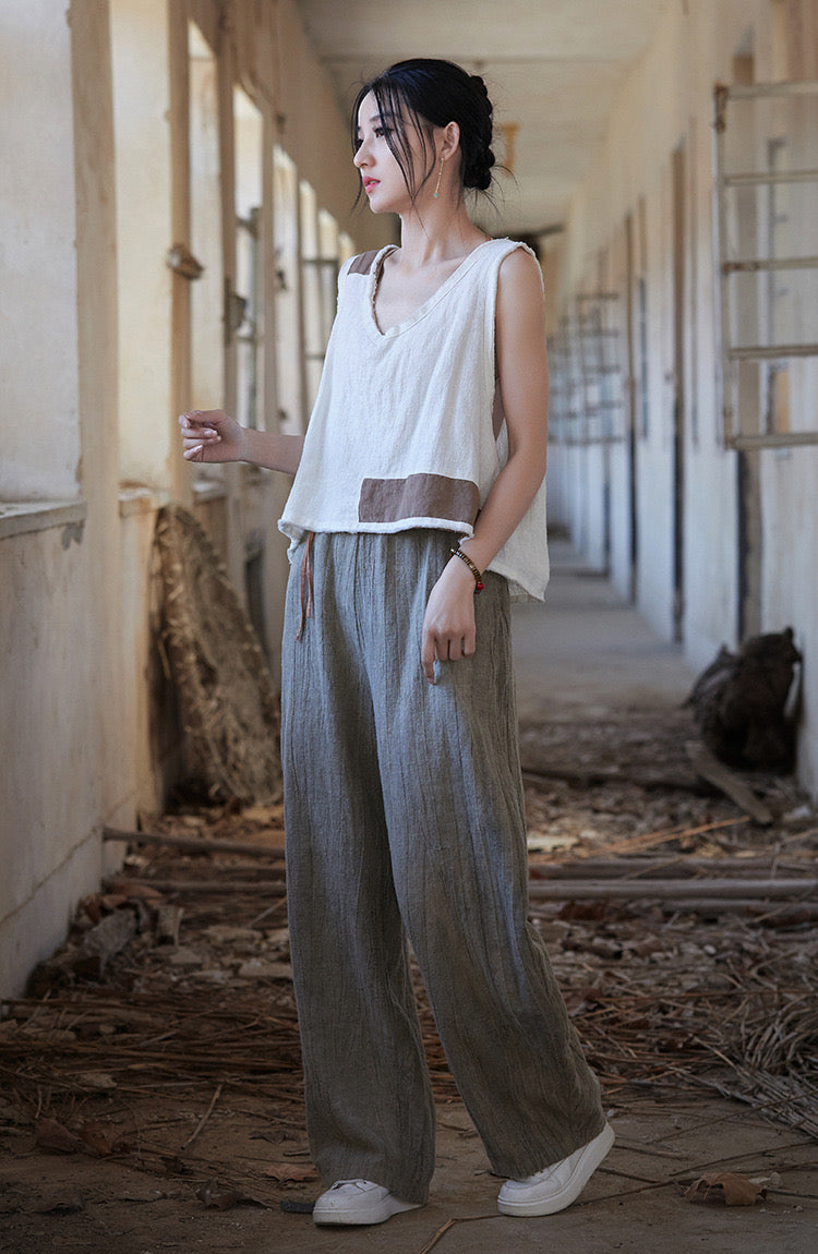 Tao One Tech™ • Zen Art Pants • Straight Leg • Tie Dye Folds • Flowing Side Waist Rope • Linen Cotton