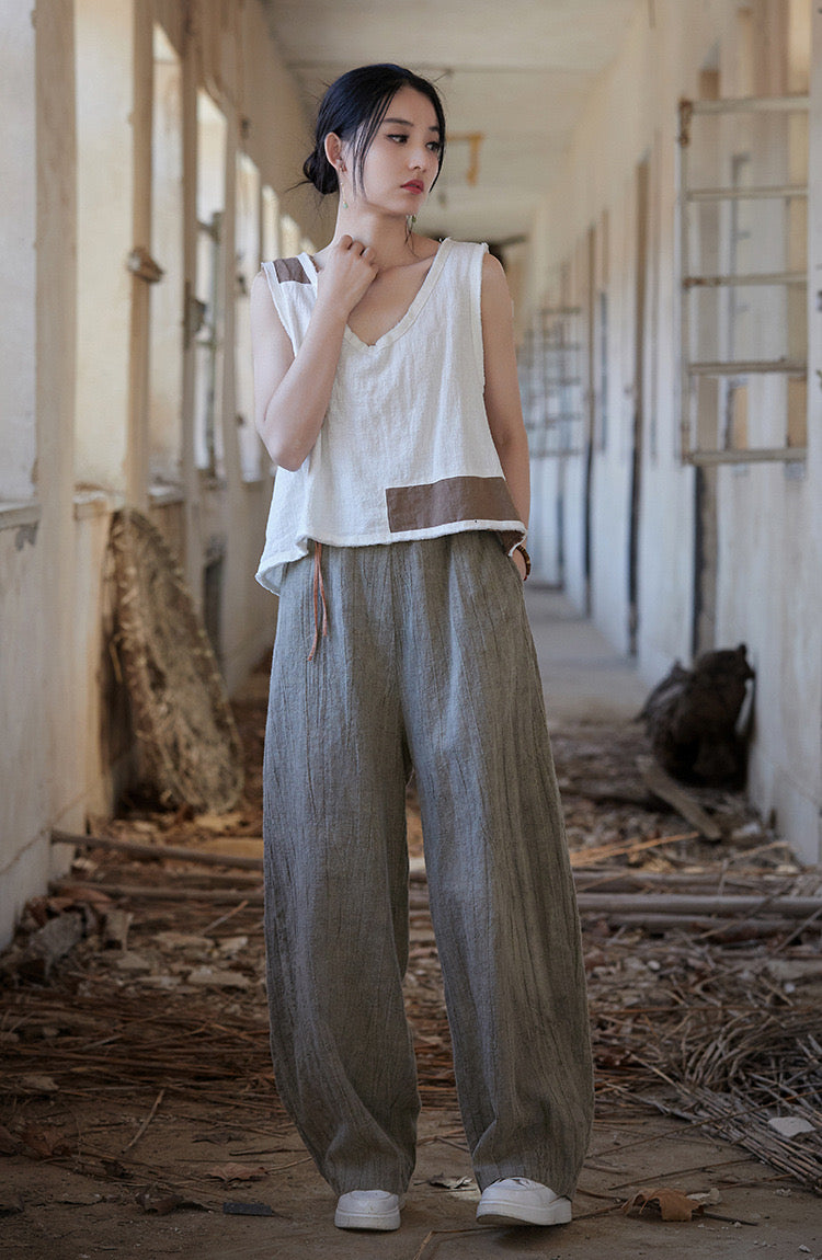 Tao One Tech™ • Zen Art Pants • Straight Leg • Tie Dye Folds • Flowing Side Waist Rope • Linen Cotton