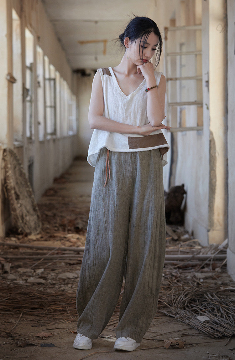 Tao One Tech™ • Zen Art Pants • Straight Leg • Tie Dye Folds • Flowing Side Waist Rope • Linen Cotton