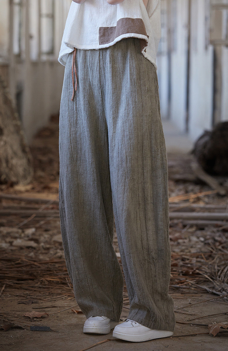 Tao One Tech™ • Zen Art Pants • Straight Leg • Tie Dye Folds • Flowing Side Waist Rope • Linen Cotton