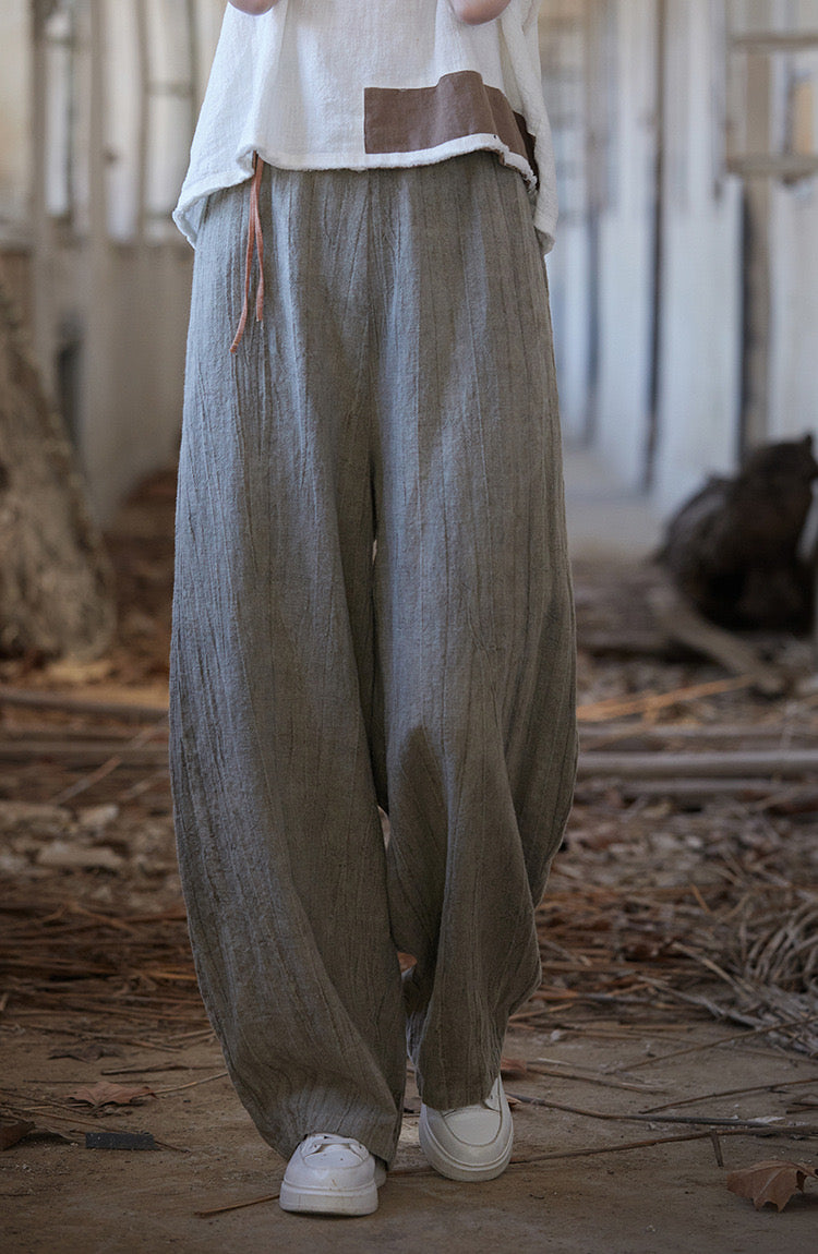 Tao One Tech™ • Zen Art Pants • Straight Leg • Tie Dye Folds • Flowing Side Waist Rope • Linen Cotton