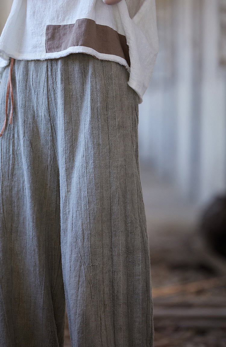 Tao One Tech™ • Zen Art Pants • Straight Leg • Tie Dye Folds • Flowing Side Waist Rope • Linen Cotton