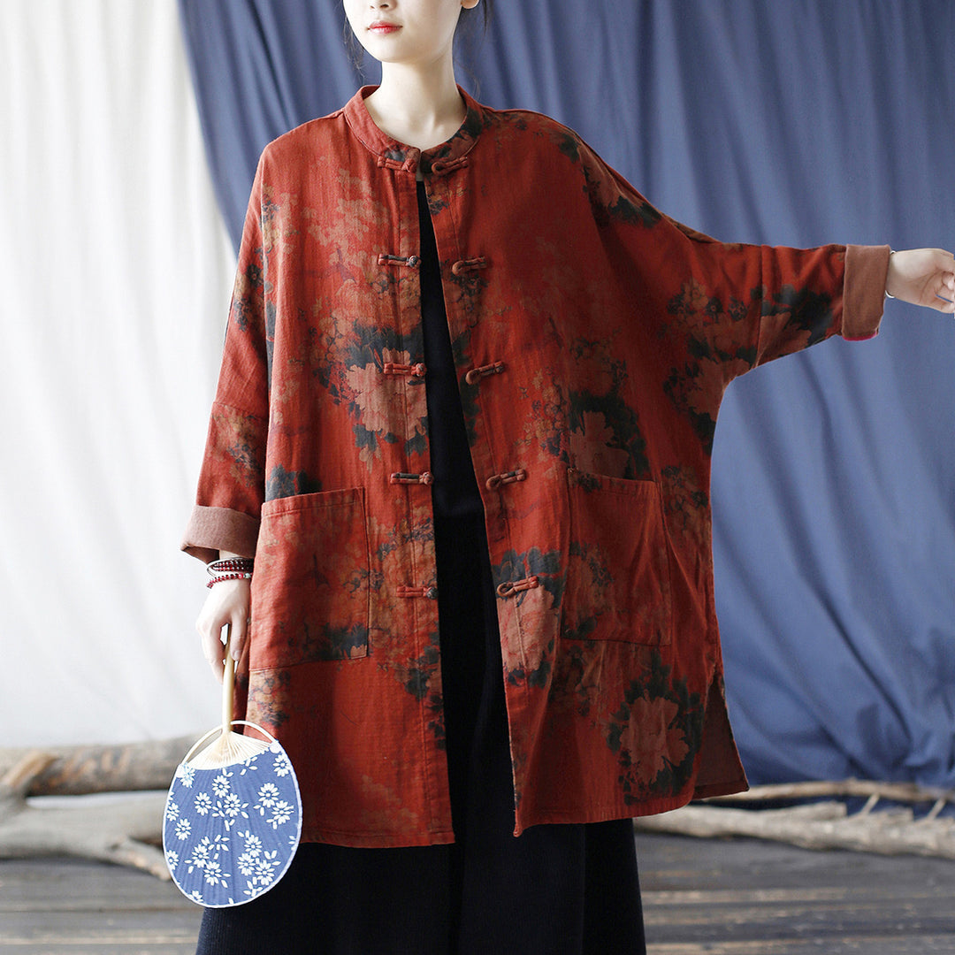 Tao One Tech™ • Red Floral Cardigan Jacket • Butterfly Wing Sleeves • 5 Buttons • Tech Pockets • Linen Cotton