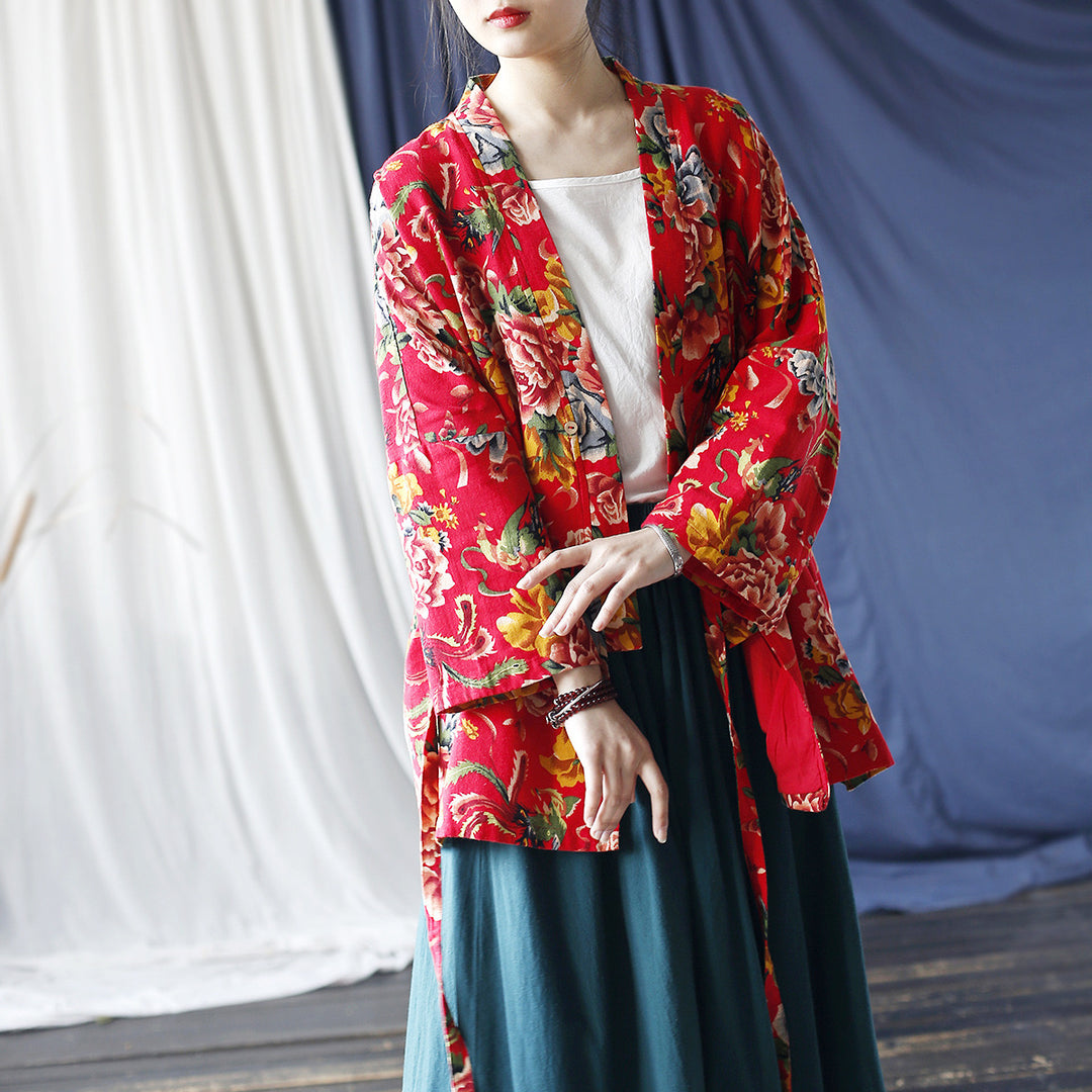 Tao One Tech™ • Red Floral Kimono Coat • Butterfly Wing Sleeves • Tech Pockets • Linen Cotton