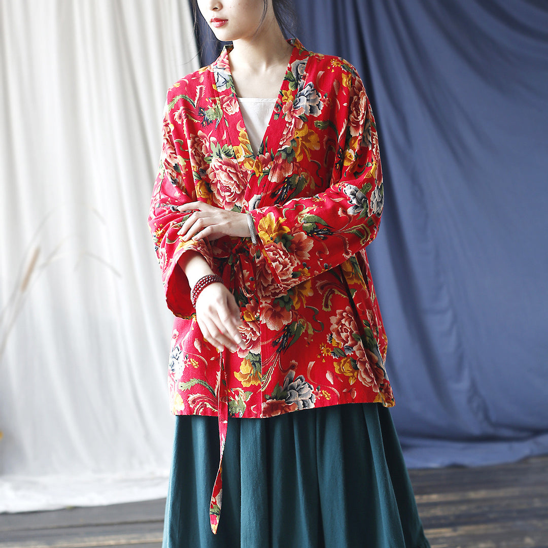 Tao One Tech™ • Red Floral Kimono Coat • Butterfly Wing Sleeves • Tech Pockets • Linen Cotton